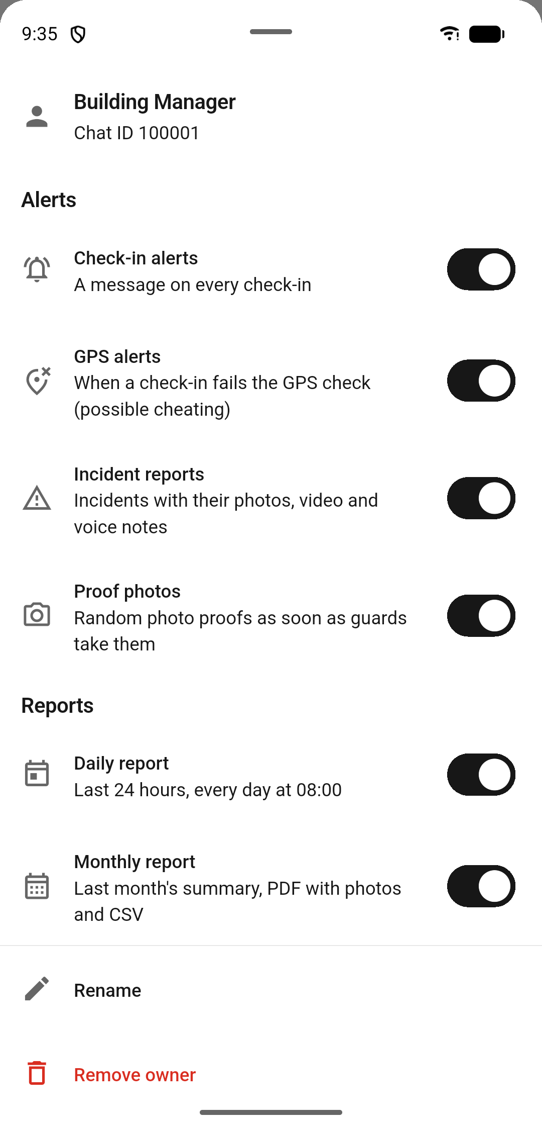Actual K Guard owner alert settings with options for check-ins, GPS, incidents, photos and reports