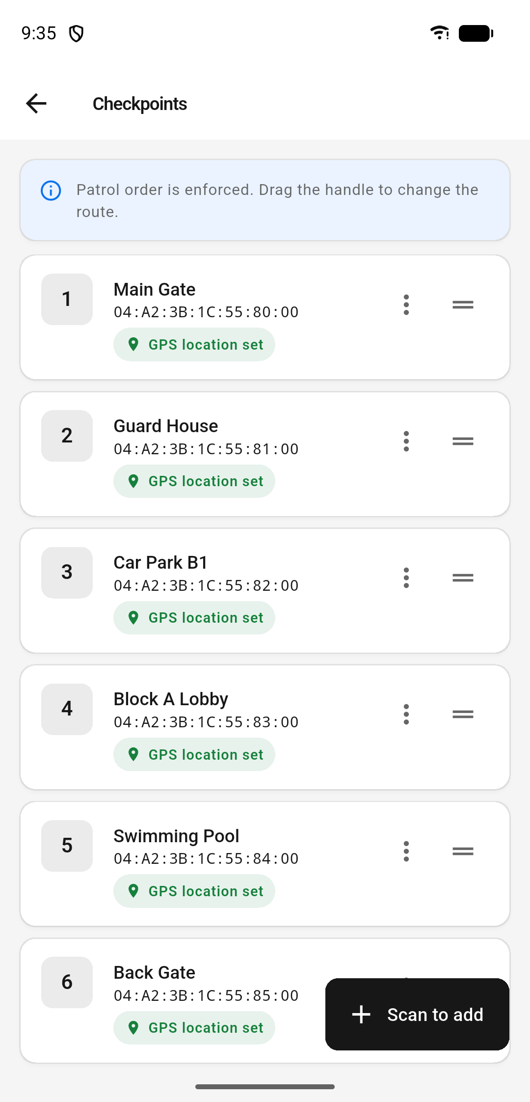 Actual K Guard checkpoint setup screen with NFC tags and GPS locations