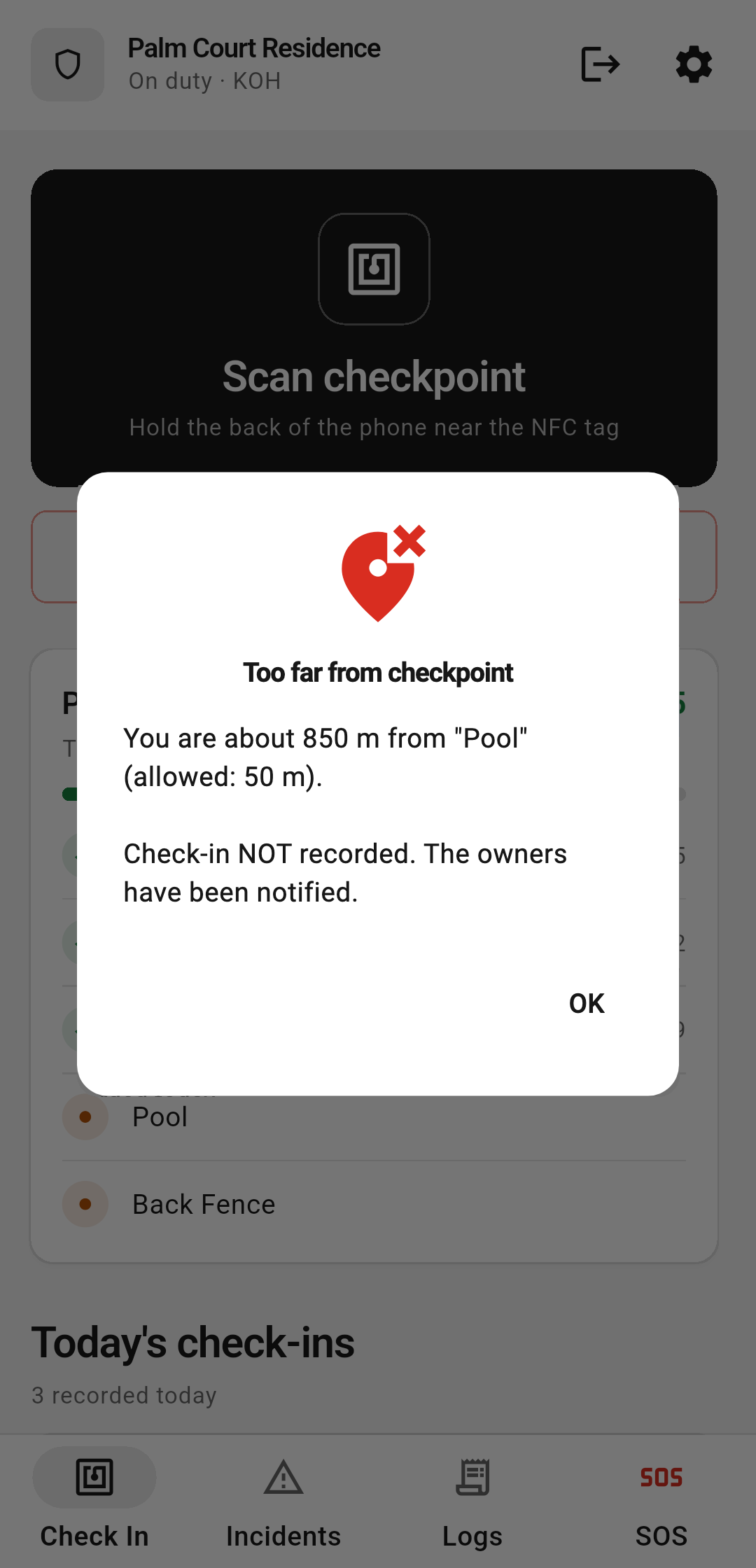Actual K Guard GPS rejection dialog for a phone too far from a checkpoint