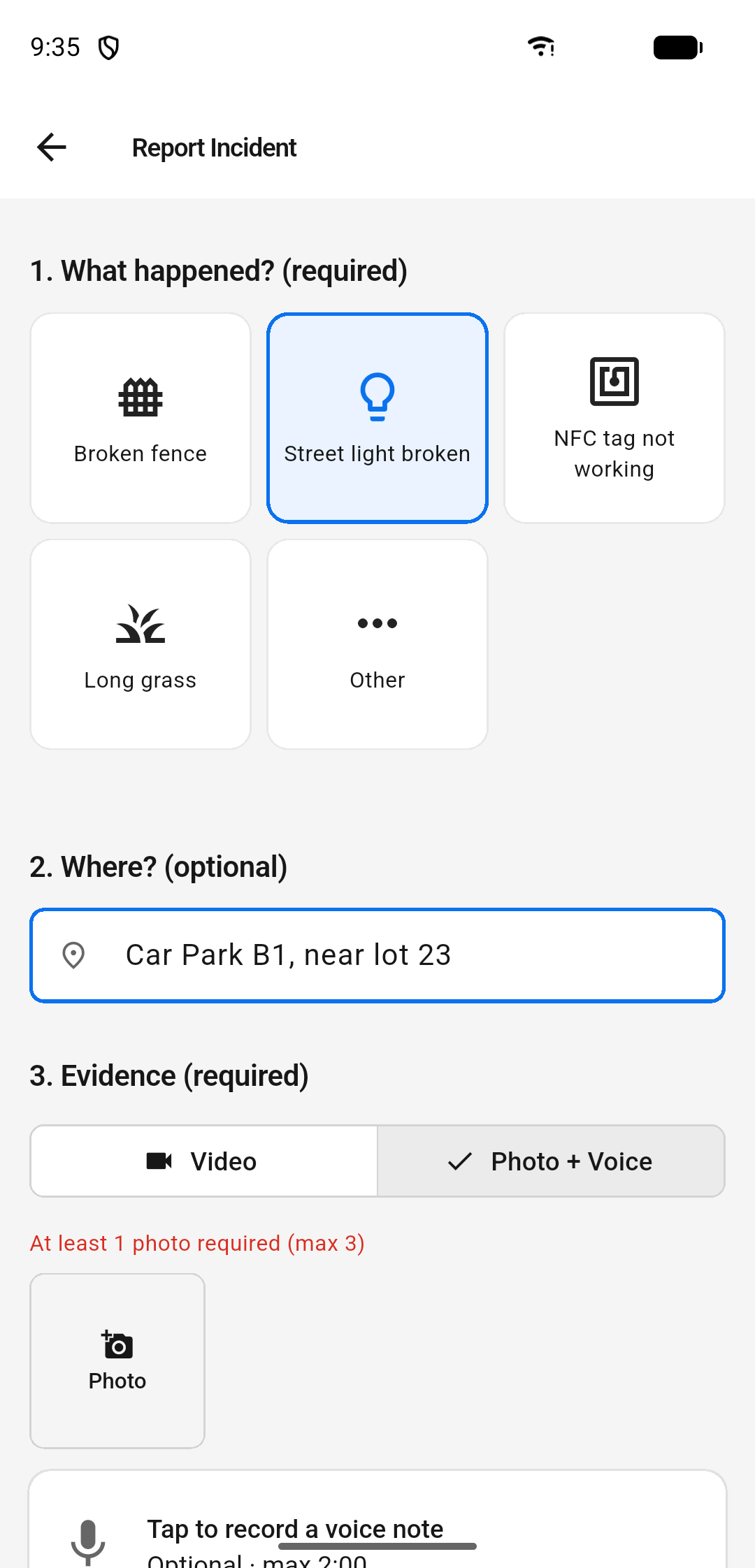 Actual K Guard incident report form with category, location, photo and voice options